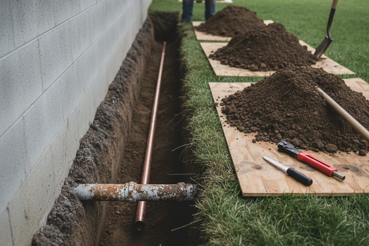 Excavated water line trench during Water Softener Installation in Moss